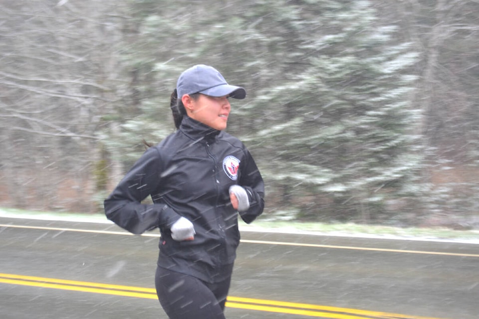 Nathalie Butler during the Wounded Warrior Run from Sayward to Campbell River on Feb. 27. Butler served in the Canadian Armed Forces for six years as a dental officer. Photo by Brendan Kyle Jure/Campbell River Mirror. 
