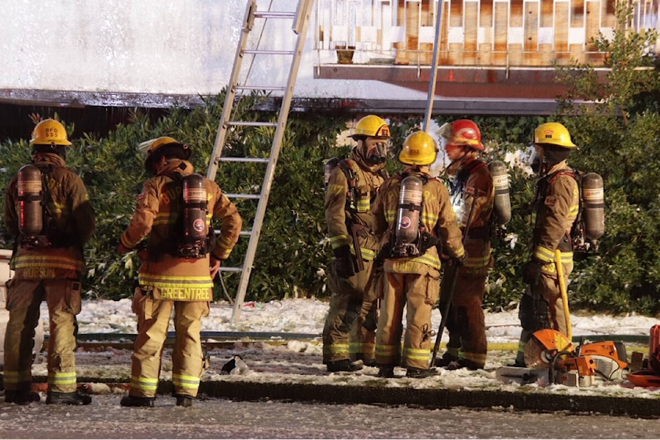 Burnaby firefighters responded to a blaze in the 4000-block of Maywood Street late Tuesday night (Feb. 28, 2024). One person has since died. (Credit: Shane MacKichan) 