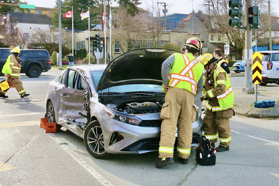Ladysmith Chronicle file photo of a crash from Feb. 25, 2024 at the intersection of the Trans-Canada Highway, Roberts Street and Transfer Beach Boulevard. (Duck Paterson photo) 