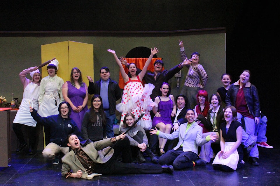 Some of the cast of Belmont Secondary School’s production, The Drowsy Chaperone. The musical takes place March 7-10. Belle Warner, teacher and director of the musical, is in the back row in the striped shirt. (Samantha Duerksen/Black Press Media) 