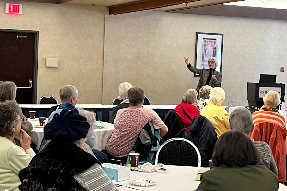 Seniors advocate Isobel Mackenzie took questions from the audience in her talk at the Castlegar Sandman Hotel. Photo: Betsy Kline 