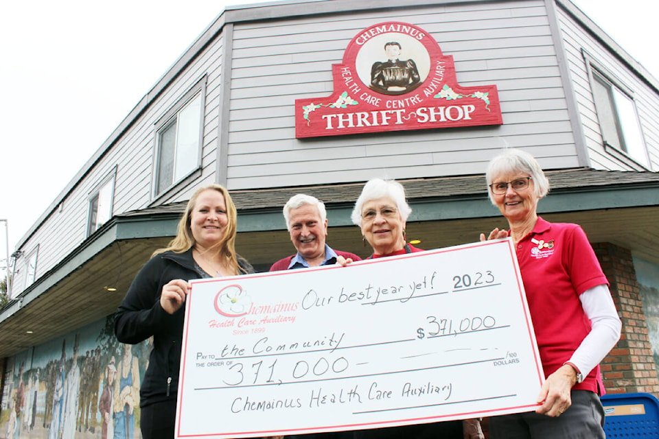 The community as a whole benefits greatly from the contributions of the Chemainus Health Care Auxiliary Thrift Shop. Proceeds of more than $371,000 were realized for community organizations in 2023. From left: Jade Blakney, Ian Hardy, Dawne Grant and Susan Beaubier. (Photo by Don Bodger) 