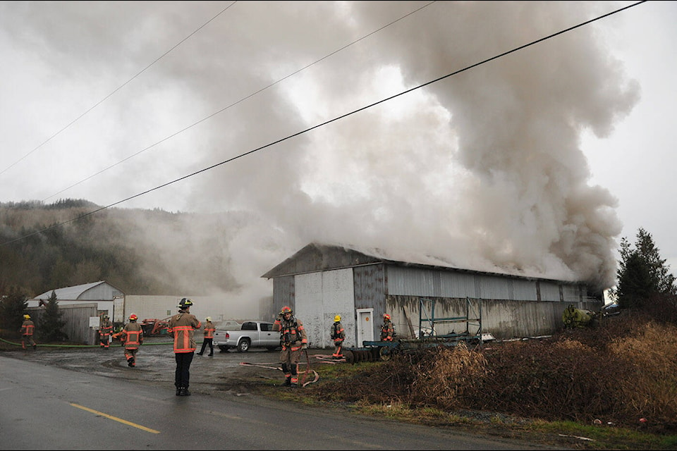 The Chilliwack Fire Department battles a fire in a machine shop on Upper Prairie Road in Chilliwack on Thursday, Feb. 29, 2024. (Jenna Hauck/ Chilliwack Progress) 