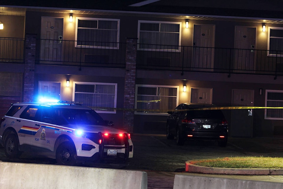 There was a heavy police presence at the Sicamous Best Western Saturday evening, Feb. 24, as officers investigated a homicide, with Forensic Identification Services and Kelowna Major Crimes on scene as well. (Heather Black-Eagle Valley News) 