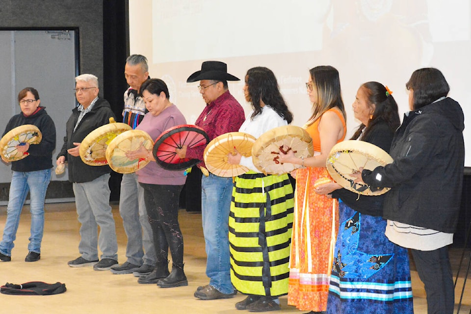 Drummers open a Tshilqot’in National Government meeting at the Cariboo Memorial Recreation Complex Friday, Feb. 23. (Monica Lamb-Yorski photo - Williams Lake Tribune) 