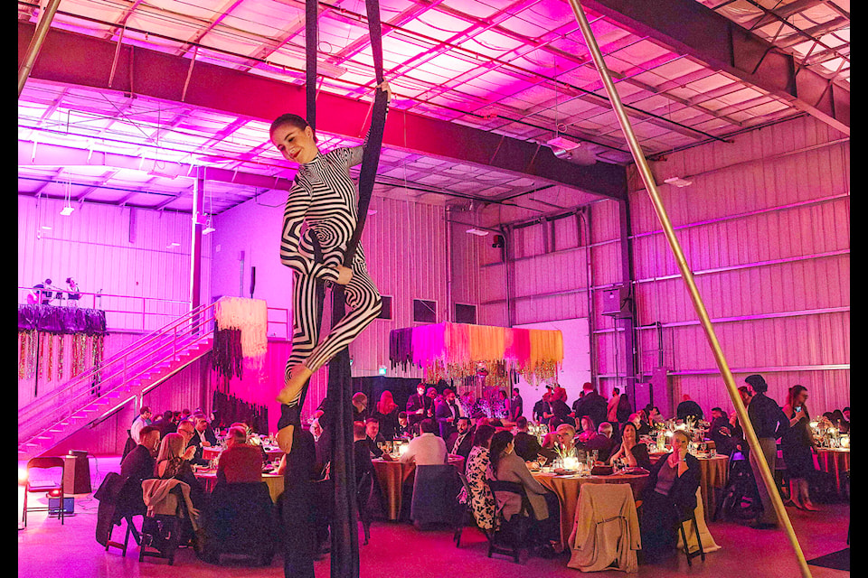 Mission Regional Chamber of Commerce’s Business Excellence Awards ceremony featured a live performance by local musician, Miss Shauna Singer, and the talents of Mission’s own Triumph Acrobatics, as they soared overhead with an almost 30 feet high aerial silks display. Other features like a sparkling wine fountain and mashed potato bar made for a fun evening. / Bob Friesen Photo 