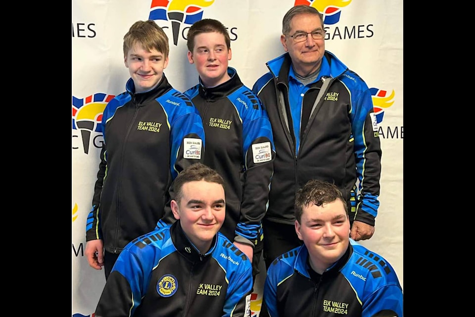 The Elk Valley Men’s U16 curling team placed fifth at the B.C Winter Games in Quesnel. Team members, from back left, are Sam Carson, Damian Fischer and coach Dave Endicott. In front, is Max Robinson and Brody Kerkhoven (photo courtesy of Dave Endicott) 