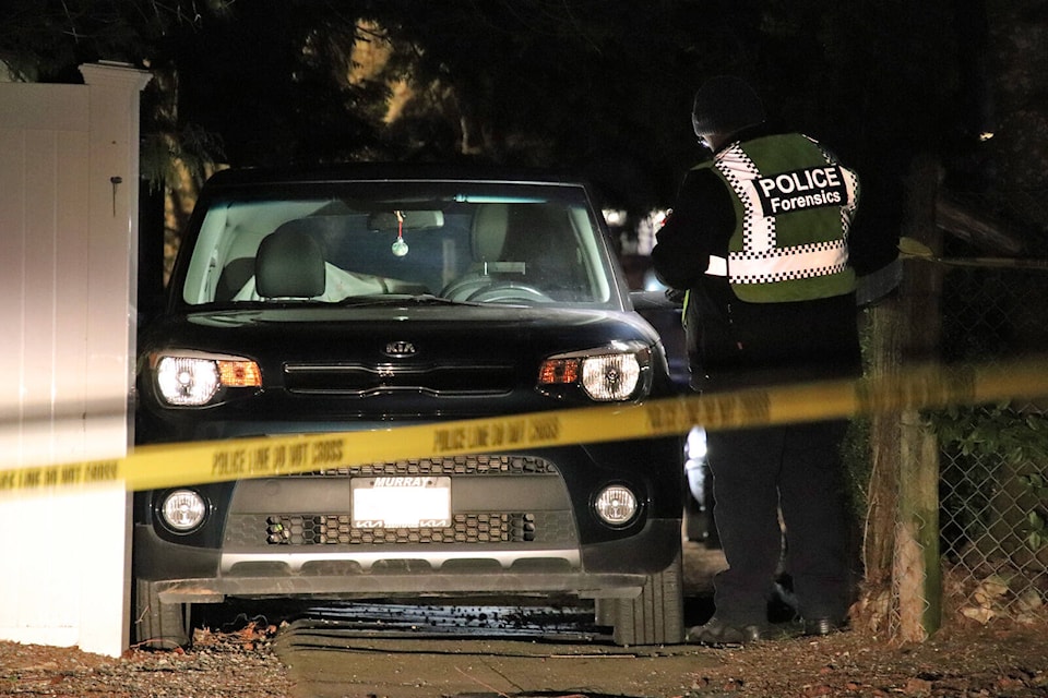 Investigators were on Carlsrue Avenue in Abbotsford on Feb. 14 of this year after two pedestrians were intentionally struck by a vehicle. Charges have now been laid in relation to the incident. (Shane MacKichan photo)