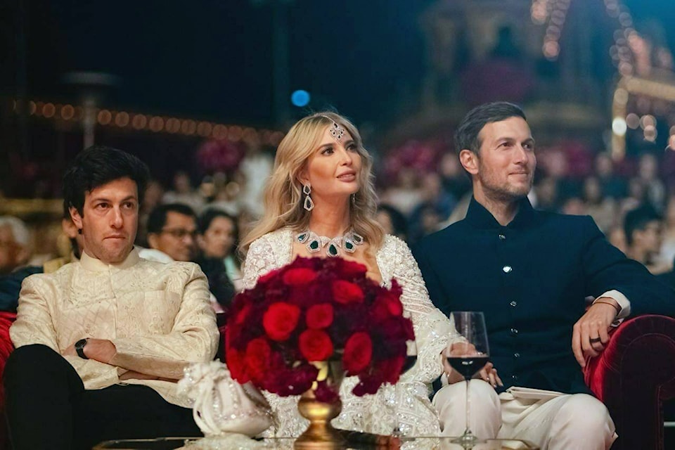 This photograph released by the Reliance group shows Ivanka Trump, center, and husband Jared Kushner, right, attending a pre-wedding bash of billionaire industrialist Mukesh Ambani’s son Anant Ambani in Jamnagar, India, Saturday, Mar. 02, 2024. (Reliance group via AP) 