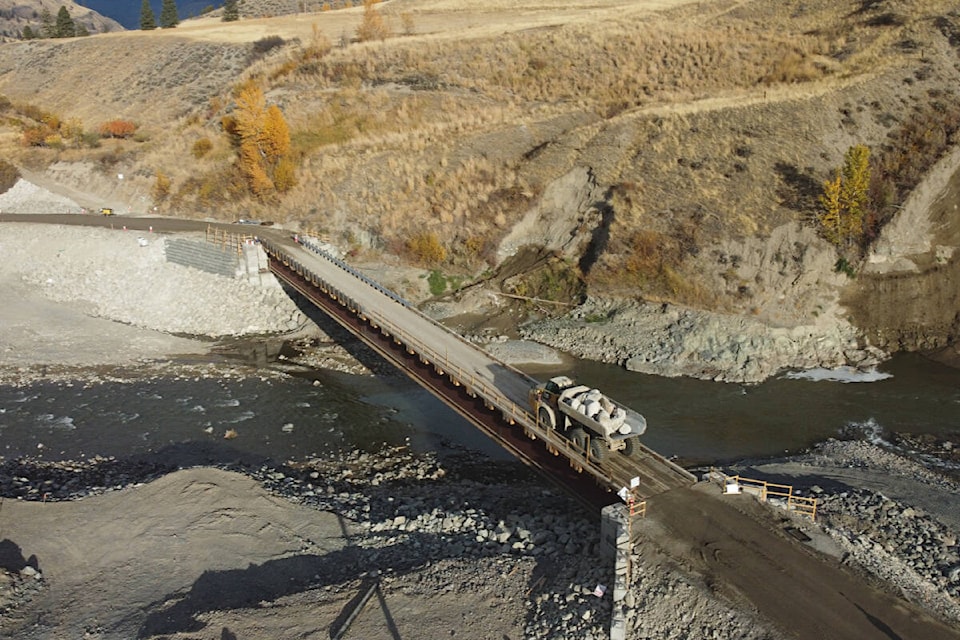 Aerial view of the temporary bridge at Site 10A on Highway 8, 14 kilometres east of Spences Bridge. (Photo credit: Ministry of Transportation) 