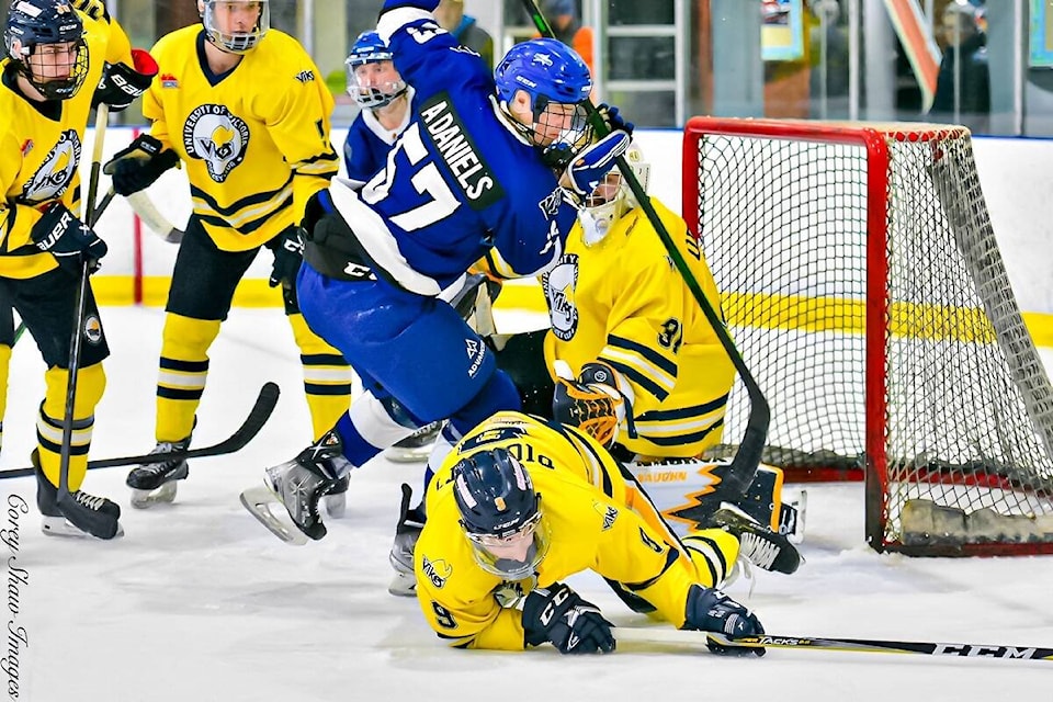 Austin Daniels battles in front of the University of Victoria net during action last season season in the B.C. Intercollegiate Hockey League. Daniels and his Vancouver Island University Mariners won the 2024 league championship on March 3 by beating Victoria in the final. Photo courtesy of Corey Shaw 