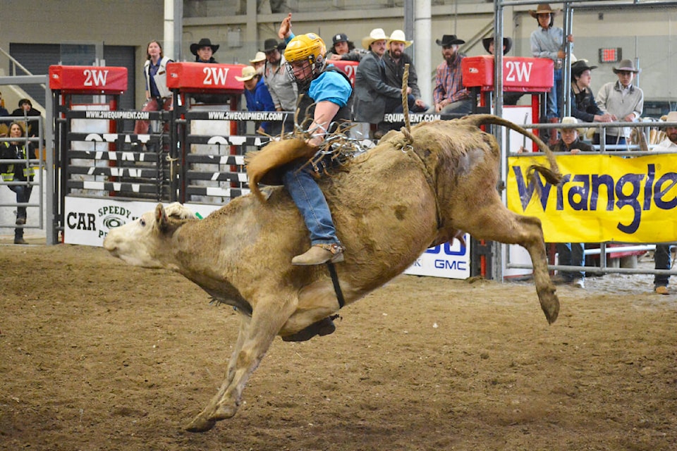 Kyle Mikkelsen earns 82 points for his Junior Steer Riding Sunday, April 16, 2023 at the Indoor Spring Classic Rodeo in Wiliams Lake winning the top spot overall. (Monica Lamb-Yorski photo - Efteen) 