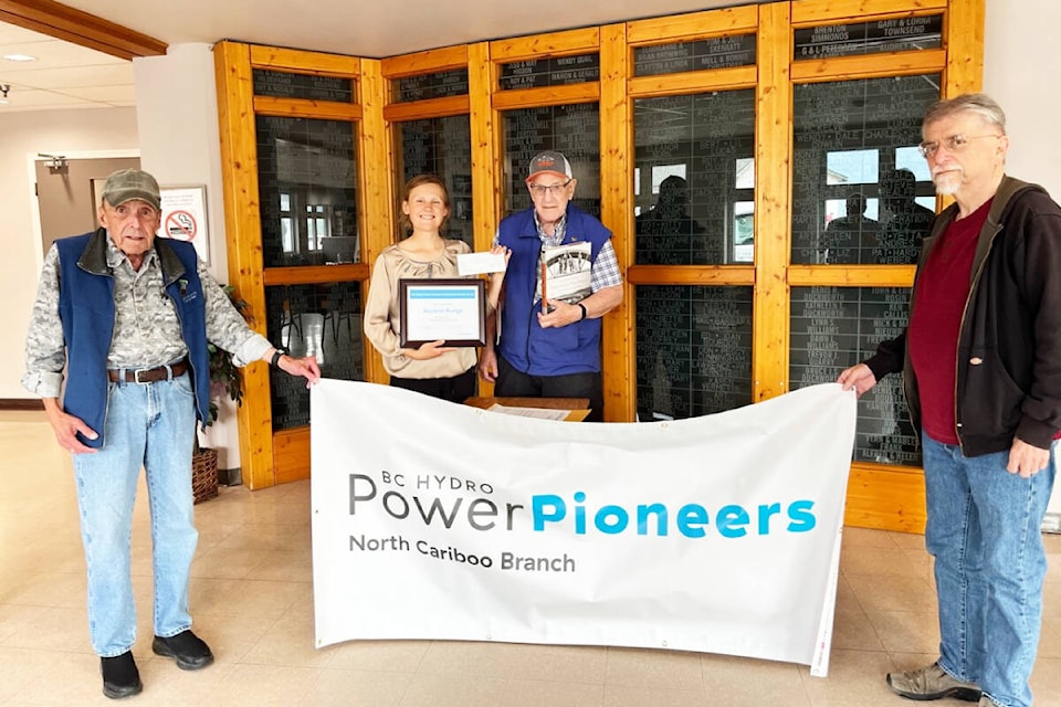 The Power Pioneers of Quesnel presented their 2023 scholarship for Outstanding Community Service. From left to right are Roger North, scholarship recipient Naylene Runge, Rae Daggitt and Bill Chalmers. (Photo submitted) 
