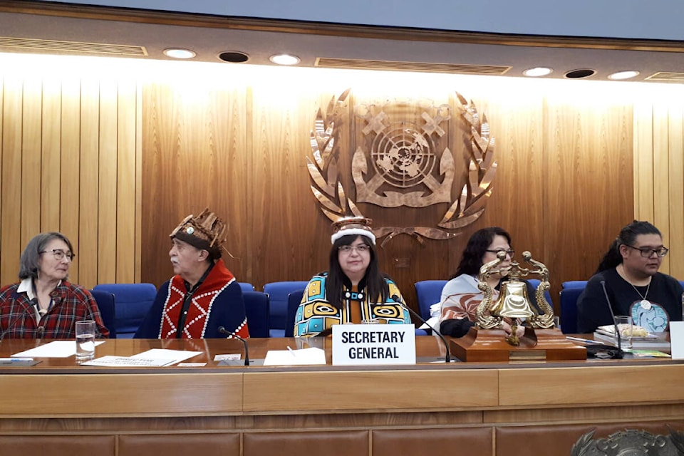 Inuit Circumpolar Council Canada president Lisa Koperqualuk, Heiltsuk Hereditary Chief Harvey Humchitt, Chief Marilyn, Coun. Maria Martin and traditional leader Rory Housty appear as a delegation before the International Maritime Organization in London, England Monday, March 18. (Heiltsuk Nation photo) 