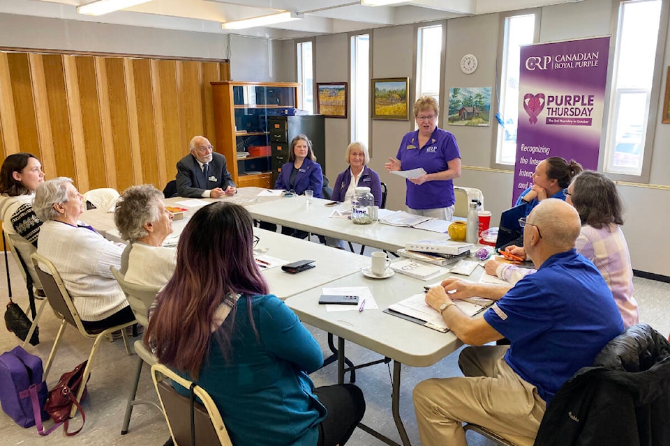 The national president of the Canadian Royal Purple, Lynda Nolan, visited the Williams Lake Royal Purple group on Feb. 15, 2024, at the Seniors Activity Centre. (Kim Kimberlin photo - Williams Lake Tribune) 