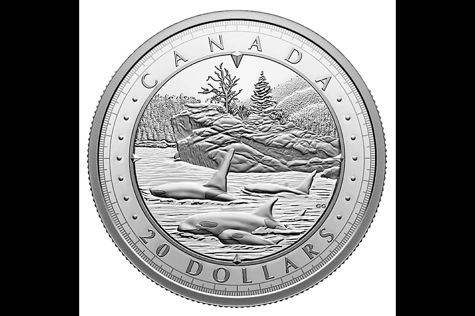 One of the coins in a new series called This is Canada: Wondrous Waters features the art of Campbell River artist Glen Green who depicts orcas in a coastal scene. Royal Canadian Mint image courtesy Glen Green. 