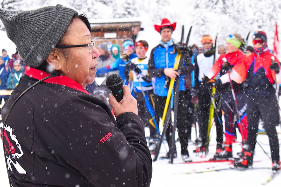 Lhtako Dene Nation elder Terri Boyd welcomed the cross-country skiers and biathletes of the Lhtako Quesnel BC Winter Games to race down the historic streets of Barkerville. (Frank Peebles photo - Quesnel Cariboo Observer) 