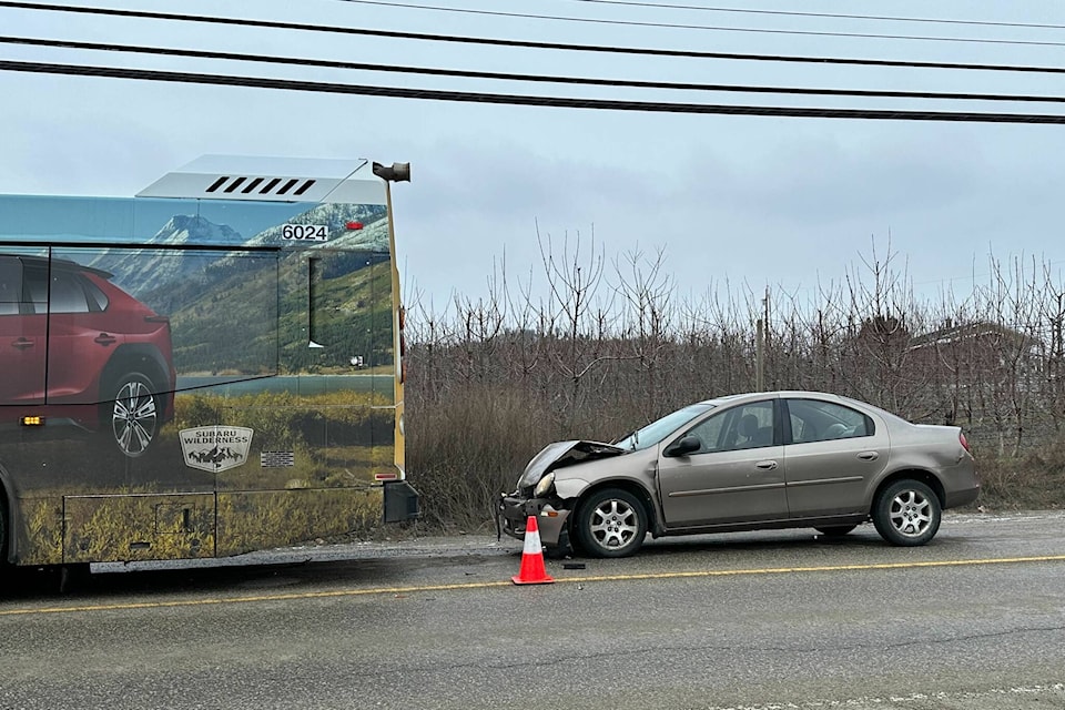 A transit bus and a small car were involved in a crash on Okanagan Centre Road East on Monday, Mar. , 2024. (Jordy Cunningham/Capital News) 