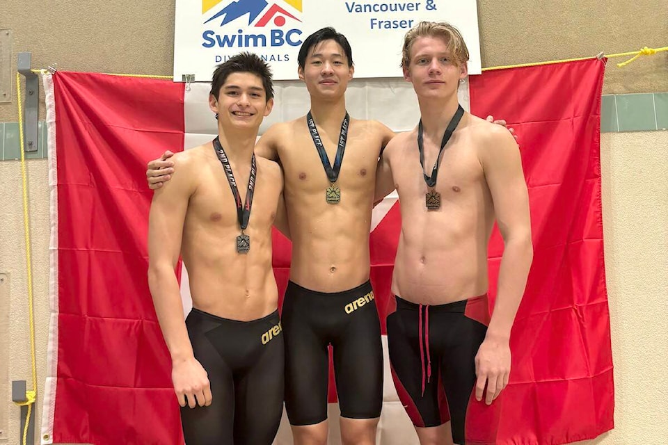 91ԭ Olympians Swim Club (LOSC) athletes dominated the 15 and Over 200m Butterfly at the Swim BC Fraser & Vancouver Divisional Championship: Brian Fu (1st), Ren Briggs (2nd) and Finn Parr (3rd) (Special to 91ԭ Advance Times) 