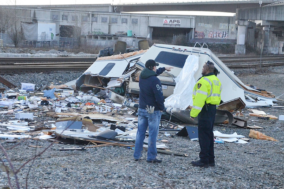 An RV was torn apart by a train after it stopped on the tracks in the 9900 block of 201st Street in Walnut Grove on Tuesday, March 5. (Matthew Claxton/Langley Advance Times) 