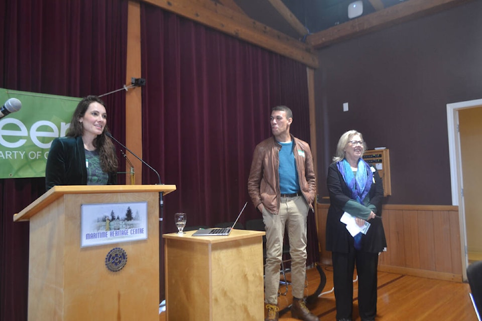 Jessica Wegg introduces Jonathan Pedneault and Elizabeth May to the crowd at the Maritime Heritage Centre in Campbell River on March 2. Photo by Brendan Kyle Jure/Campbell River Mirror. 