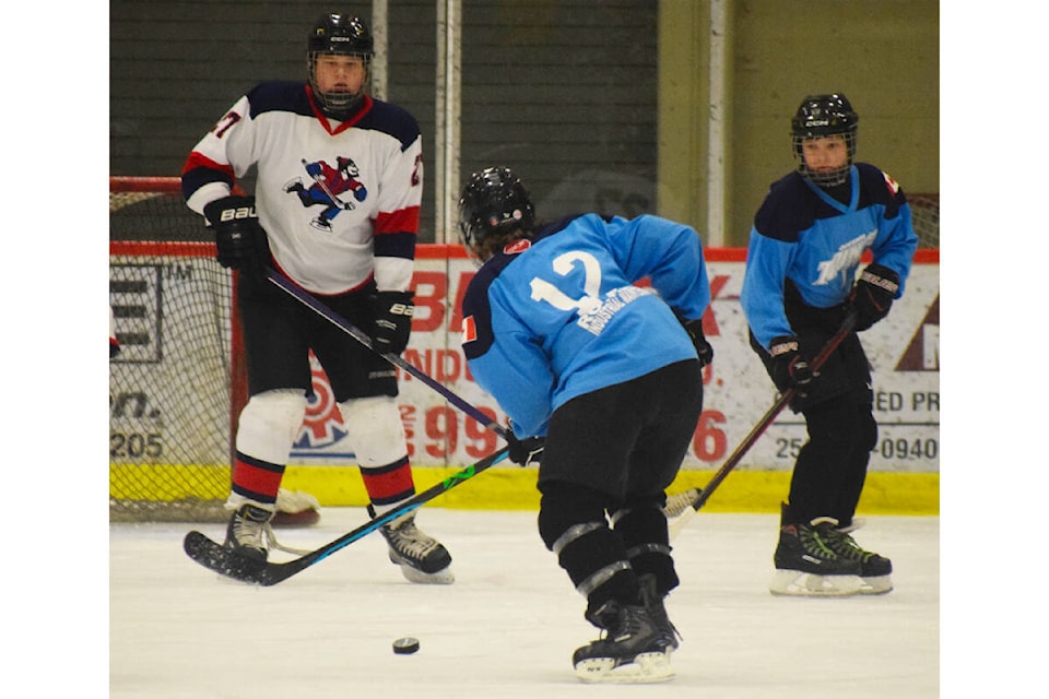 This Quesnel Thunder player attempts a shot during the U15 House hockey tournament hosted Mar. 1-3 involving teams from 100 Mile House, Prince George, Williams Lake, Mackenzie, Dawson Creek, and three from host Quesnel. (Tracey Roberts photo - Quesnel Cariboo Observer) 