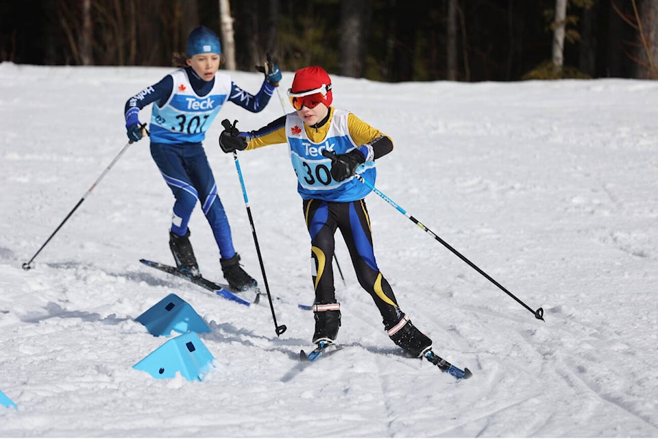 Larch Hills skier Henry Bollans races his way to a 1st place finish in the U10 Boys 1 sprints on day 1 of the Tech BC Championships held last Friday, March 1. Read story on page 5. (Brad Calkins photo) 