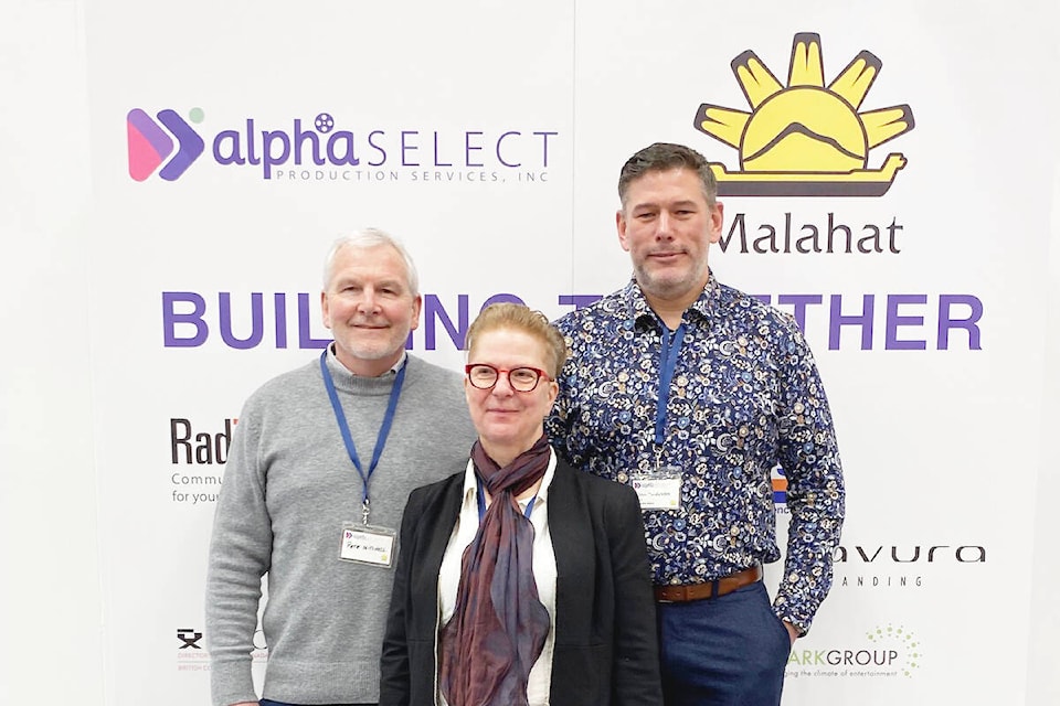 Vancouver Island is one step closer to having a thriving film industry. Alpha Select Production Services CEO Beverley Dondale (centre) poses with Vancouver Film Studios president Pete Mitchell and Malahat First Nation CAO Josh Handysides at an open house at Brentwood College on Feb. 9. (Chadd Cawson/Connector) 