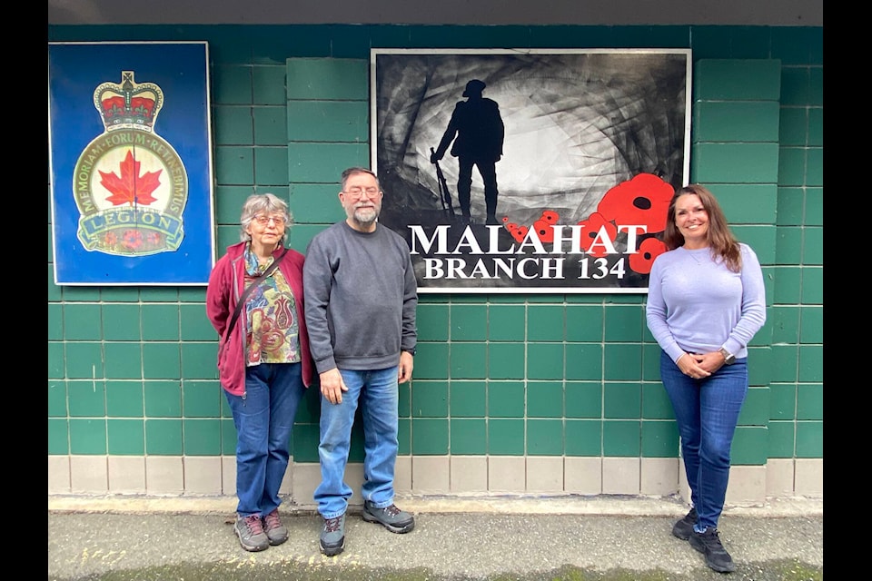 Malahat Legion president Isabelle Hammer (right), vice-president Bob Cleroux, and treasurer Virginia Bauder pose outside the Malahat Legion Branch 134 in Shawnigan Lake. The Legion is open Fridays and Saturdays from 1 to 7 p.m. (Chadd Cawson/Connector) 
