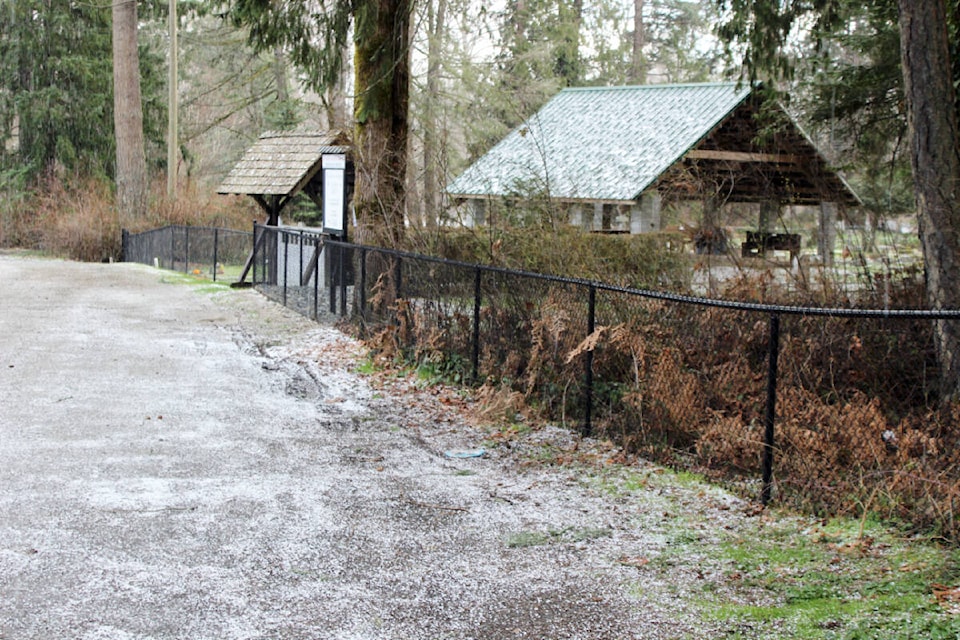 Hail accumulating on the ground in Westholme during late February. (Photo by Don Bodger) 