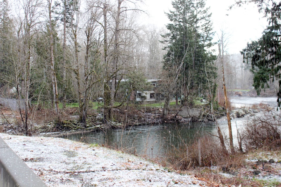 Hails falls and starts to accumulate on the ground along the Chemainus River during late February. (Photo by Don Bodger) 