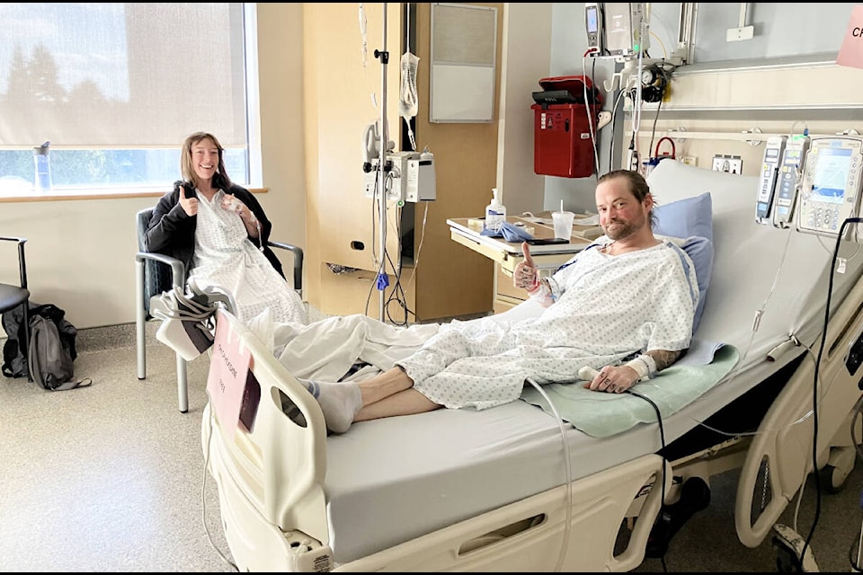 Brittany Leonard and Ryan MacDowell the day after surgery in the hospital. This is in MacDowell’s room, but he made his way down the hall to Leonard’s room first to check up on her and show her that he was feeling good. (Photo submitted)  