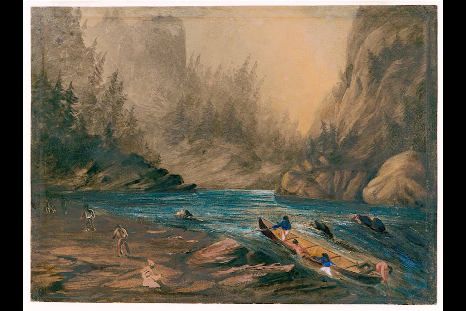 This painting shows the use of a Columbia boat at Death Rapids, just north of Revelstoke. Titled “Hauling Up A Rapid (Les Dalles Des Morts) On The Columbia River,” the artwork was made in 1846 by Sir Henry James Warre. The Surrey Historical Society is hoping to get a replica of a Columbia boat made for its commemoration later this year of the 1824 James McMillan Expedition. McMillan used Columbia boats to survey the Nicomekl and Salmon rivers and to search for a suitable site for a future fortthe eventual Fort Langley. (Image PDP00057 courtesy of the Royal B.C. Museum and Archives) 