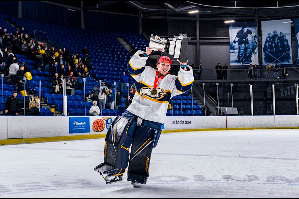Former 鶹ѡ Rocket and 鶹ѡ native Cole Schwebius made 22 saves in the Canada West championship game to help UBC win 5-3 over Calgary. (@鶹ѡ_Rockets/X) 