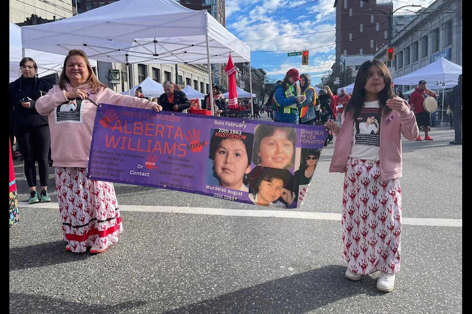 Karen Williams with Keesha Williams at the Women’s Memorial March in downtown Vancouver on Feb. 14 to honour missing and murdered Indigenous women, girls and two spirit (MMIWG2S). Karen’s sister Alberta’s murder is still unsolved after she went missing in Prince Rupert over 34 years ago. 