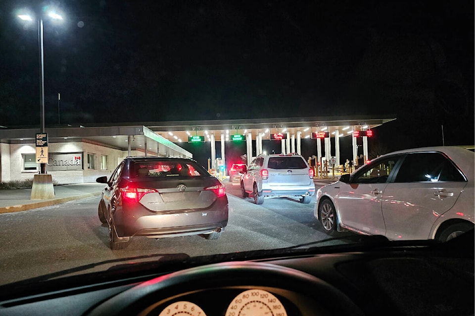  Cars lined up at the Aldergrove port of entry to cross into Canada in February. New stats show arrests at the crossing have risen 50 per cent since pandemic travel restrictions were lifted. (Dan Ferguson/Langley Advance Times) 