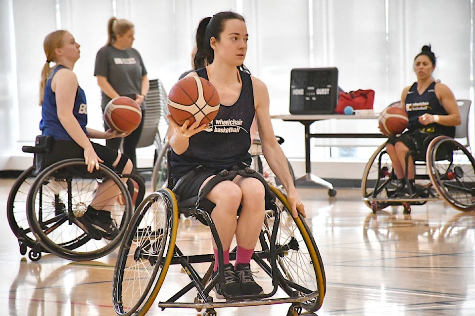 With less than two weeks to go before the national championships, some members of the B.C. Breaks wheelchair basketball team were working out at Timms Community Centre gymnasium on Sunday, March 11 with other players. It was part of a two-day women’s-only wheelchair basketball festival organized by the non-profit B.C. Wheelchair Basketball Society (BCWBS). (Dan Ferguson/Langley Advance Times) 