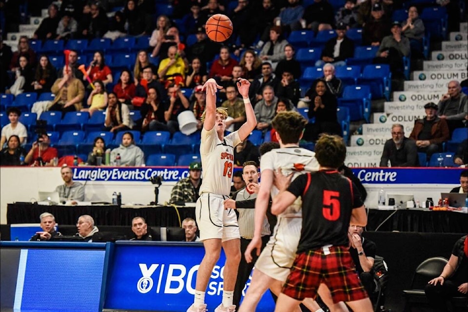 Spectrum player Justin Hinrichsen takes a shot in the 59-52 in the semifinal win over West Vancouver. (Ryan Molag/Langley Events Centre) 