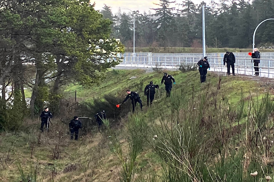 Members of the Greater Victoria Public Safety Unit search an area adjacent to the Galloping Goose Regional Trail near the McKenzie interchange. Saanich police closed off a portion of the Galloping Goose from McKenzie Avenue to Grange Road overnight on March 11, reopening it shortly before noon on March 12. (Christine van Reeuwyk/News Staff) 