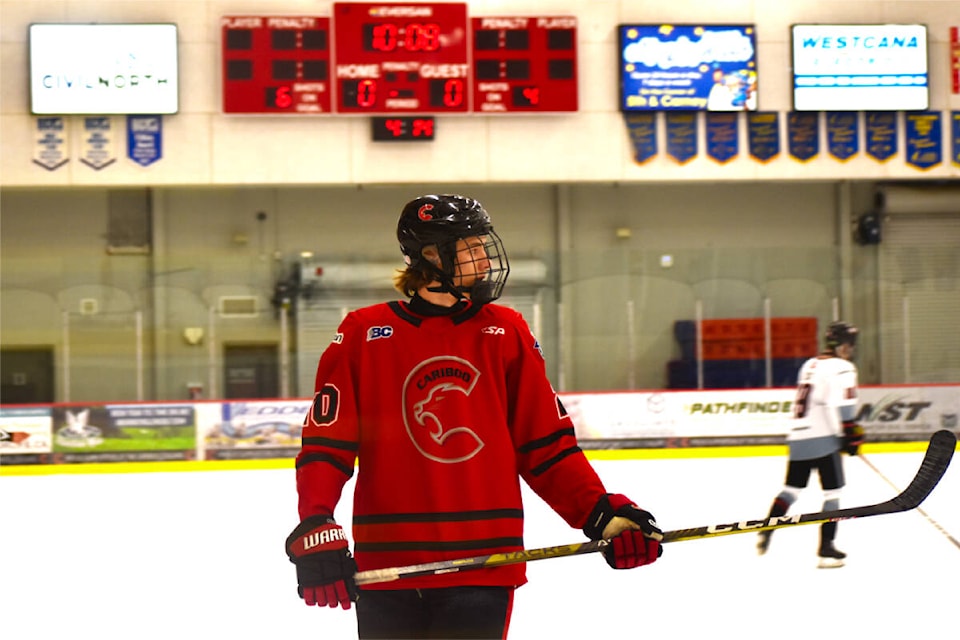 Tyson Matthews scored a pair of goals in the Cariboo Cougars 8-4 win in the first game of the BCEHL quarter-finals versus the North West Hawks out of the Lower Mainland. Matthews has connections to Houston, Whitehorse, Kelowna and Vernon. (Frank Peebles photo - Quesnel Cariboo Observer) 
