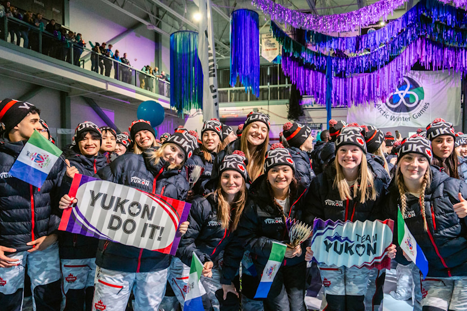 Team Yukon at the 2024 Arctic Winter Games opening ceremony on March 10. This year’s Arctic Winter Games is being held in Mat-Su Valley, Alaska. (Team Yukon/Sarah Lewis Photography) 