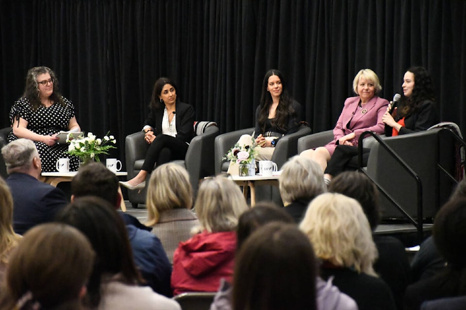 Panelists speak at International Women’s Day event at UFV on March 8. (Ryleigh Mulvihill/Abbotsford News) 