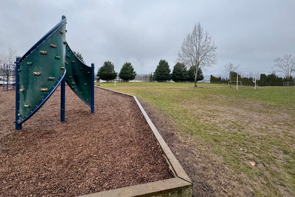 The accessible add-on to the Sandy Hill Elementary School playground will be to the right of the current playground. (Ryleigh Mulvihill/Abbotsford News) 