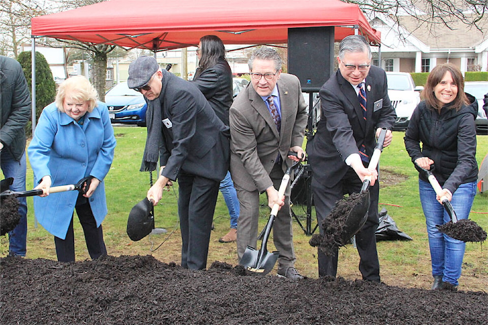 Several dignitaries shovel dirt at the official groundbreaking ceremony for the new affordable seniors’ housing project Zappone Manor to be built on 176A Street, just south of 60th Avenue. From left: Surrey Mayor Brenda Locke, Columbus Homes president & CEO Mike Garisto, Surrey-Cloverdale MLA Mike Starchuk, Knights of Columbus State Deputy for B.C. and Yukon Herb Yang, and Bruno Zappone’s daughter Brenda McCormick. (Photo: Malin Jordan) 