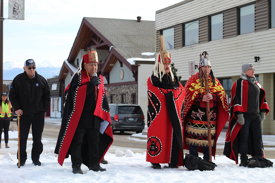 Gitxsan hereditary chiefs and other supporters of Wet’suwet’en hereditary chief Dsta’hyl (Adam Gagnon) rally outside the Smithers courthouse March 6. Dsta’hyl was found guilty of criminal contempt related to the 2021 Coastal GasLink pipeline blockades and was scheduled for a sentencing hearing March 6. It was postponed pending completion of a Gladue report. (Marisca Bakker/The Interior News) 