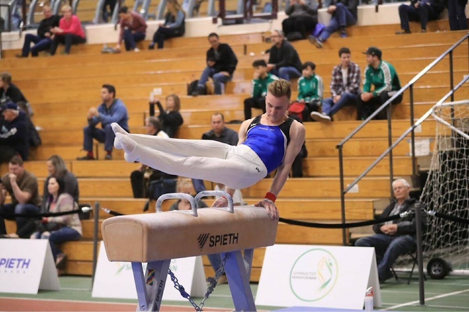 Luke Van Harmelen competing on the pommel horse in the 2019 Western Canadian championships in April 2019 in Saskatoon, Sask. (Submitted photo) 