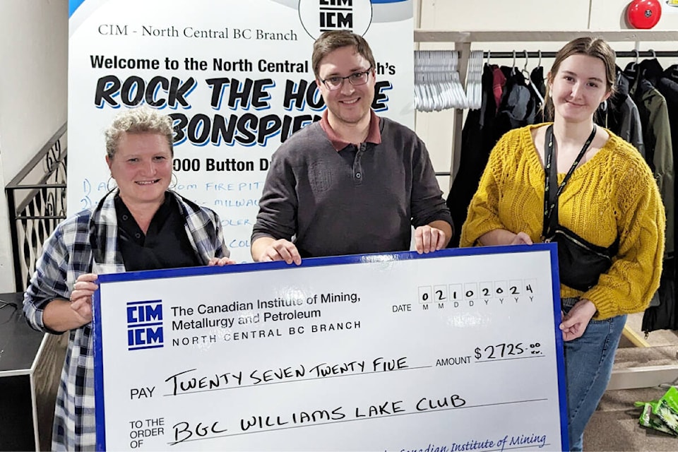Katherine Ray, from right, CIM north central president, Chris Pedersen, CIM member at large, hand over a cheque to Madison Batty of BGC Williams Lake. (Photo submitted) Katherine Ray, from right, CIM north central president, Chris Pedersen, CIM member at large, hand over a cheque to Madison Batty of BGC Williams Lake. (Photo submitted) 