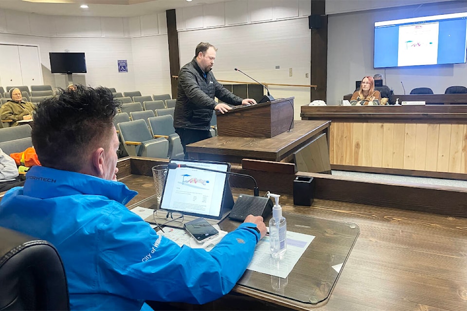 Andrew Sandberg, centre, presents to Williams Lake city council on March 5, 2024, on behalf of Williams Lake Daybreak Rotary Club. (Ruth Lloyd photo - Efteen) 