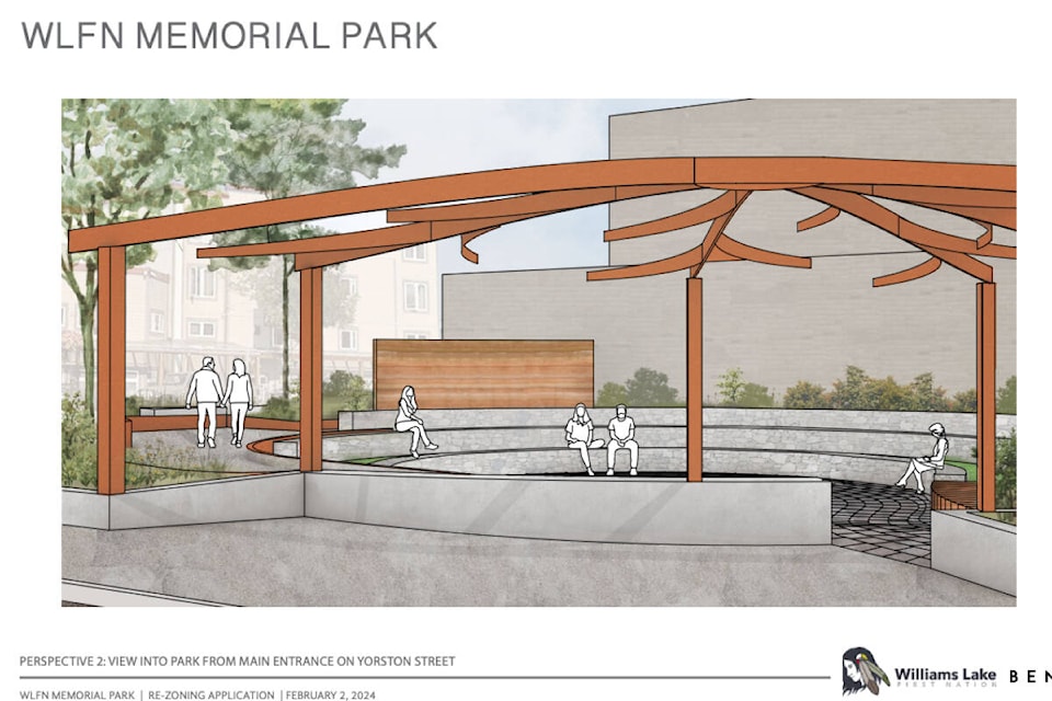 A preliminary drawing of a view into park from the main entrance of the proposed park design for 98 Third Avenue S. in Williams Lake. (BENCH Site Design Inc. image) 