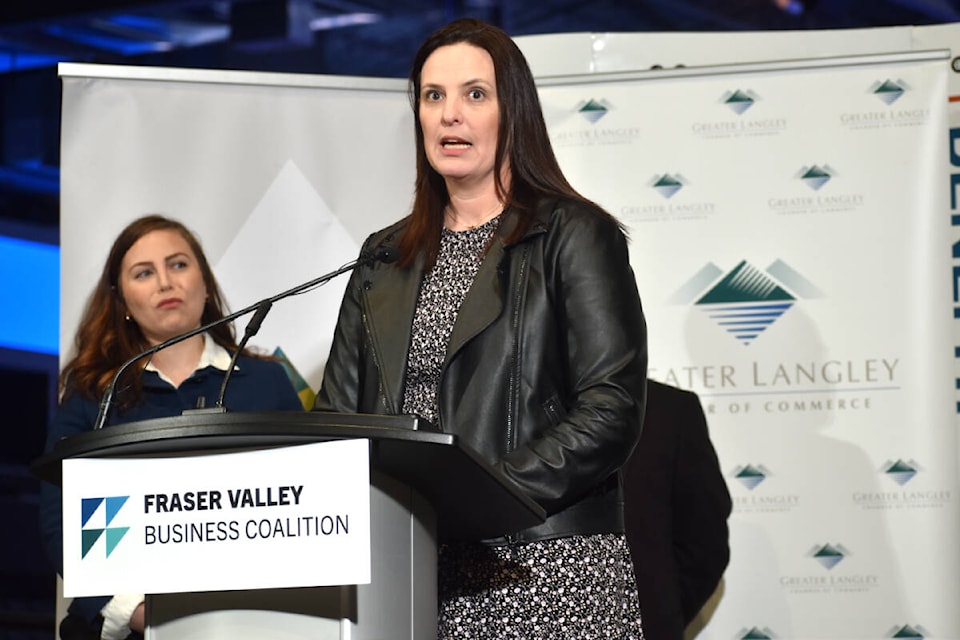 Leanna Kemp, the executive director of the Chilliwack Chamber of Commerce, speaks to the crowd during the announcement of the Fraser Valley Business Coalition on Wednesday (March 6). (Ben Lypka/Abbotsford News) 